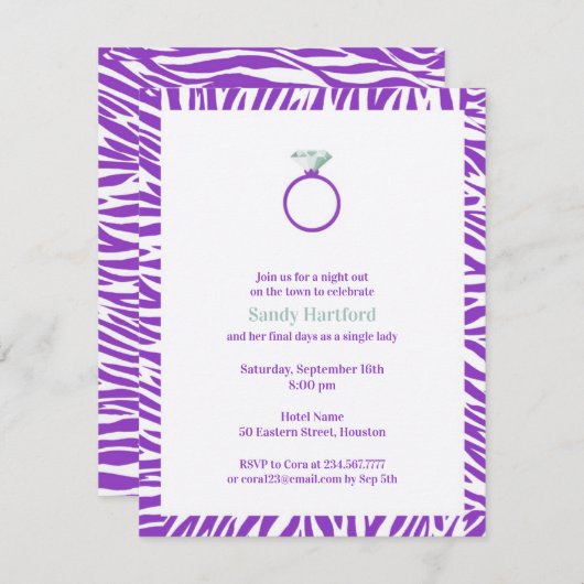 Lila Zebra-Junggeselinnen-Abschied Einladung (Vorne/Hinten)