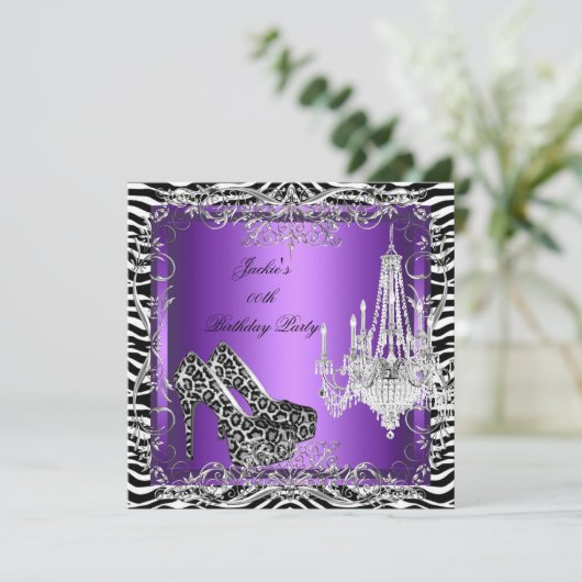 Lila Zebra Leopard Print Party Heelse Party Einladung (Stehend Vorderseite)
