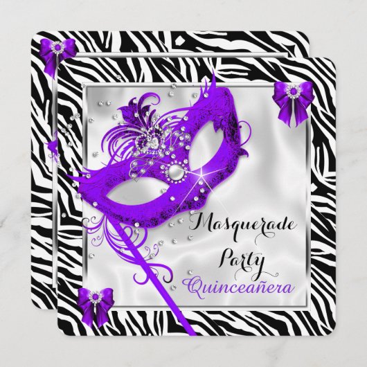 Lila Zebra Masquerade Quinceanera 15. Party Einladung (Vorne/Hinten)