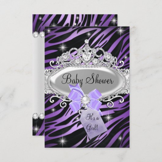 Lila Zebra Print & Princess Tiara Baby Dusche Einladung (Vorne/Hinten)