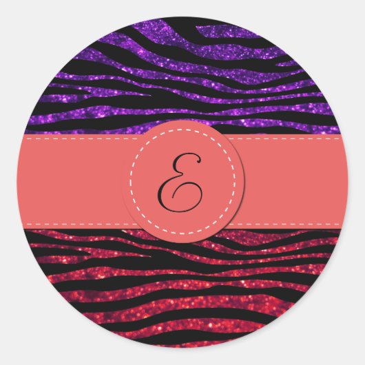 Lila Zebra, Rotes Zebra, Glitzer Zebra, Monogramm Runder Aufkleber (Vorderseite)