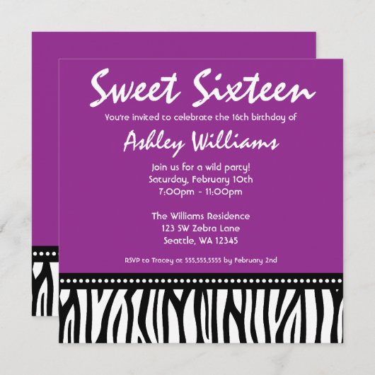 Lila Zebra Sweet 16 Einladung (Vorne/Hinten)