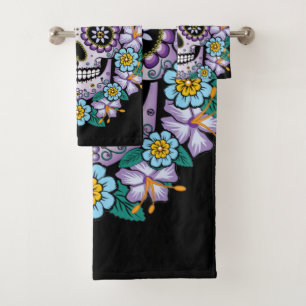 Lila Zuckerschädel mit Blume Badhandtuch Set
