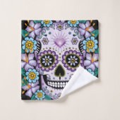 Lila Zuckerschädel mit Blume Badhandtuch Set (Waschlappen)