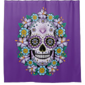 Lila Zuckerschädel mit Blume Duschvorhang (Vorderseite)