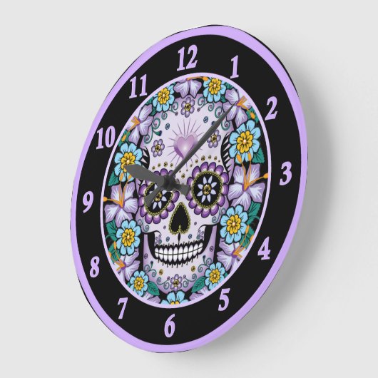 Lila Zuckerschädel mit Blume Große Wanduhr (Winkel)