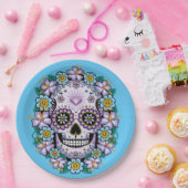 Lila Zuckerschädel mit Blume Pappteller (Party)