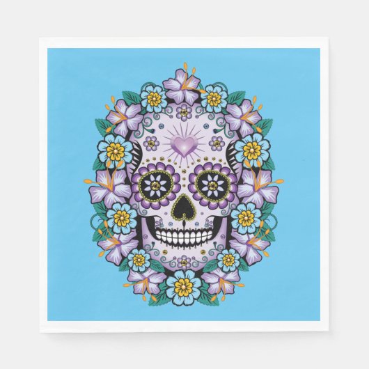 Lila Zuckerschädel mit Blume Serviette (Vorderseite)