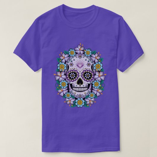 Lila Zuckerschädel mit Blume T-Shirt (Design vorne)