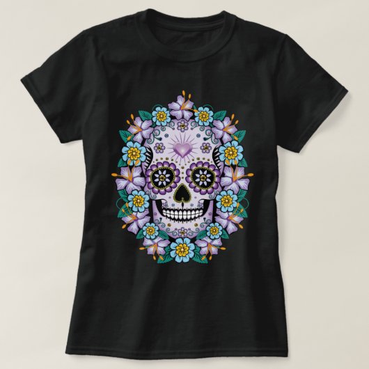 Lila Zuckerschädel mit Blume T-Shirt (Design vorne)