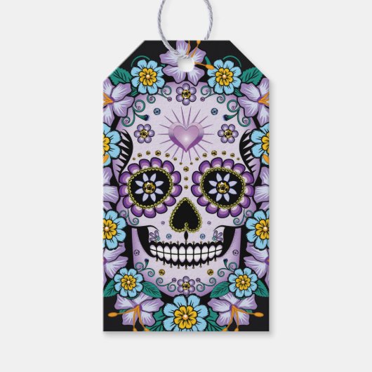 Lila Zuckerschädel mit Blumen Geschenkanhänger (Vorderseite)
