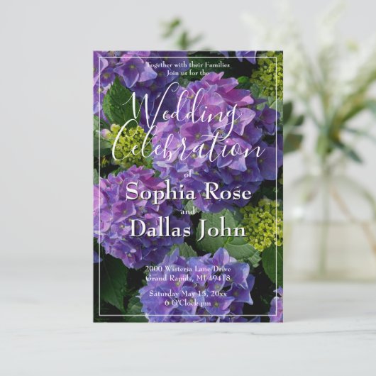 Lila Zwergwinkel magenta hydrangeas Hochzeit Einladung (Stehend Vorderseite)