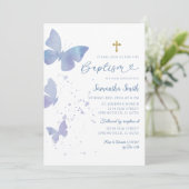 Lilac and Blue Minimalistisch Butterfly Baptisse Einladung (Stehend Vorderseite)