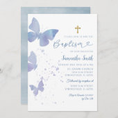 Lilac and Blue Minimalistisch Butterfly Baptisse Einladung (Vorne/Hinten)