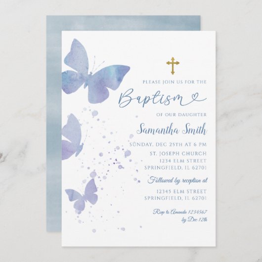 Lilac and Blue Minimalistisch Butterfly Baptisse Einladung (Vorne/Hinten)