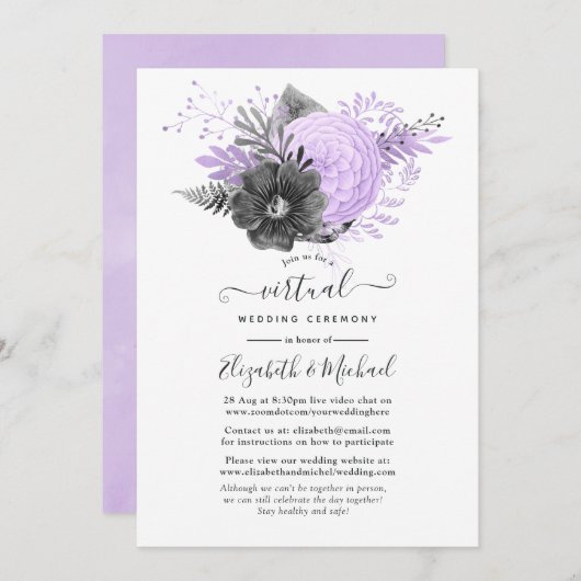 Lilac and Charcoal Floral Online Virtual Wedding Einladung (Vorne/Hinten)