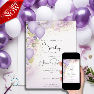 Lilac Balloons und Blume QR Geburtstag Einladung