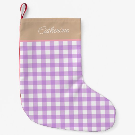 Lilac Beige Personalisiert Name Gingham Kleiner Weihnachtsstrumpf (Vorderseite)