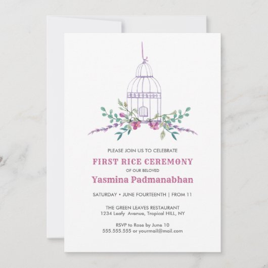 Lilac Bird Cage First Rice Einladung (Vorderseite)