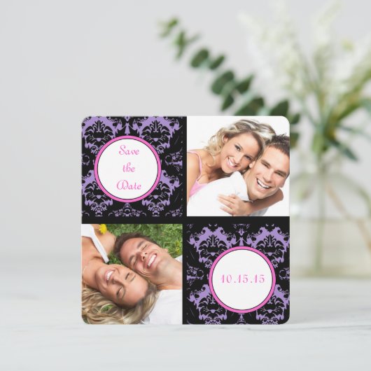 Lilac Black Damask Pink Wedding Save the Date (Stehend Vorderseite)