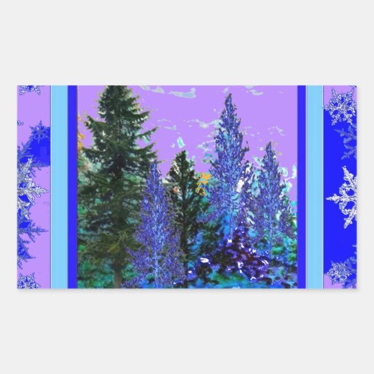 LILAC-BLAUE WALDLANDSCHAFT & SNOWFLAKES ART RECHTECKIGER AUFKLEBER (Vorderseite)