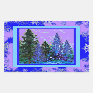 LILAC-BLUE WALDlandschaft U. SCHNEEFLOCKE-KUNST Rechteckiger Aufkleber