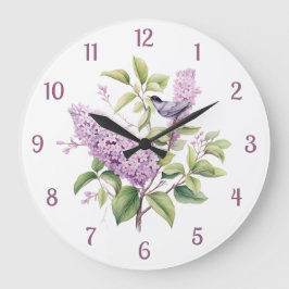 Lilac Blume & Bird Botanical Illustration Wall Große Wanduhr