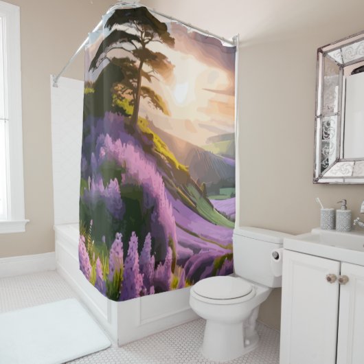 Lilac Blume Bloom on Hill bei Sonnenuntergang Glüh Duschvorhang (Beispiel)