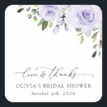 Lilac-Blume, Boho, Brautparty Quadratischer Aufkleber<br><div class="desc">Fügen Sie Ihrem Brautparty eine persönliche Touch mit diesen stilvollen und unvergesslichen Party hinzu! Das Design zeichnet sich durch lila Aquarell-Blume und Grünpflanzen auf weißem Hintergrund aus.</div>