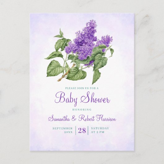 Lilac Blume Botanical Lila Green Baby Dusche Einladungspostkarte (Vorderseite)