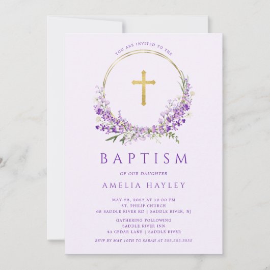 Lilac Blume Girls First Baptisse Einladung (Vorderseite)