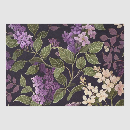 Lilac-Blume Lila Schwarzes Blumenmuster Dekoupage Seidenpapier (Vorderseite)