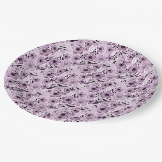 Lilac-Blume-Muster auf Tigerhintergrund Pappteller (Schrägansicht)