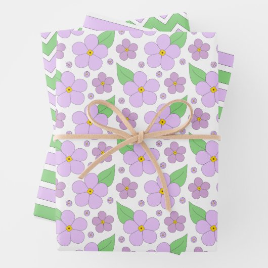 Lilac-Blume, Streifen und Zickzack Papierblätter Geschenkpapier Set (Beispiel)