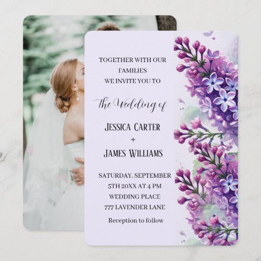 Lilac Blume Wasserfarbe Rustikales Foto Hochzeit Einladung (Vorne/Hinten)