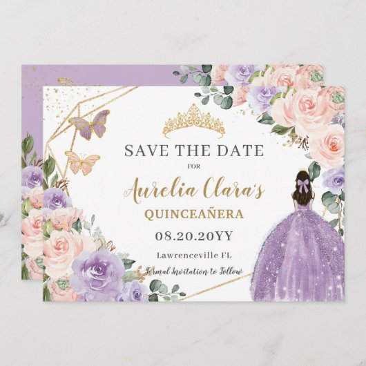 Lilac Blush Floral Gold Quinceanera 16 . Geburtsta Save The Date (Vorne/Hinten)