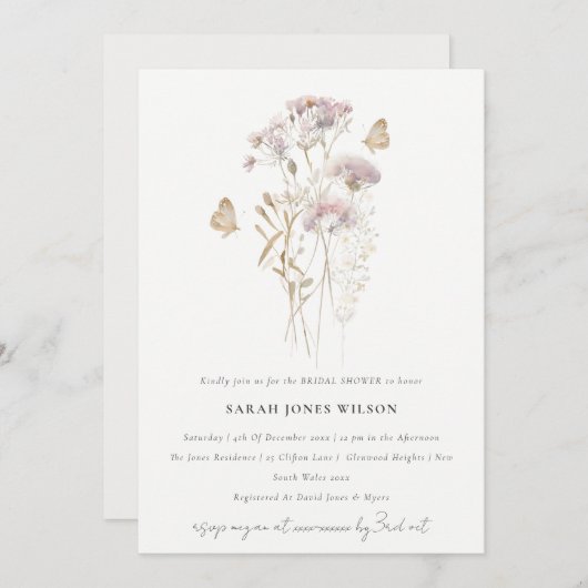 Lilac Boho Wildblume Fern Botanisches Brautparty Einladung (Vorne/Hinten)