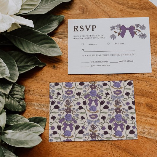 Lilac Bow Floral Wedding RSVP Meal Choice Karte