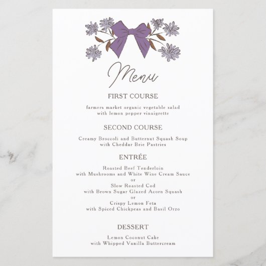 Lilac Bows Blume Wedding Dinner Menu (Vorderseite)