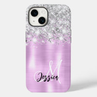 Lilac Brushed Metal Silver Glitzer Monogram