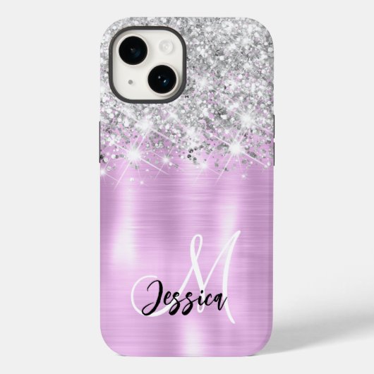 Lilac Brushed Metal Silver Glitzer Monogram Case-Mate iPhone Hülle (Rückseite)