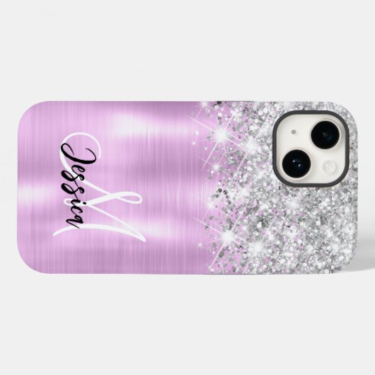 Lilac Brushed Metal Silver Glitzer Monogram Case-Mate iPhone Hülle (Rückseite (Horizontal))