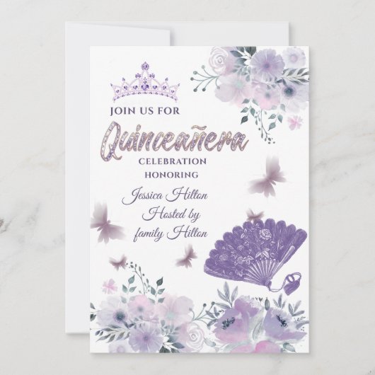 Lilac Butterfly Blumenfan tiara Quinceñera Einladung (Vorderseite)
