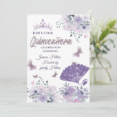 Lilac Butterfly Blumenfan tiara Quinceñera Einladung (Stehend Vorderseite)