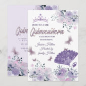 Lilac Butterfly Blumenfan tiara Quinceñera Einladung (Vorne/Hinten)