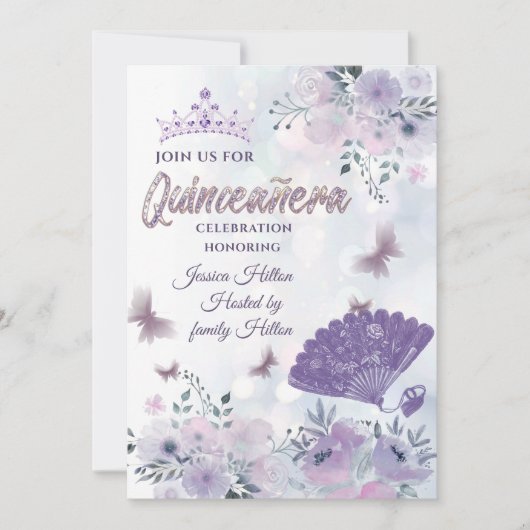 Lilac Butterfly Blumenfan tiara Quinceñera Einladung (Vorderseite)