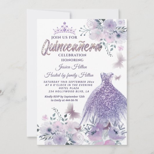 Lilac Butterfly Blumengarten Tiara Quinceañera Einladung (Vorderseite)