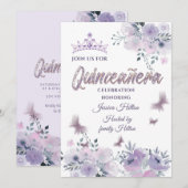 Lilac Butterfly Blumengarten tiara Quinceañera Einladung (Vorne/Hinten)