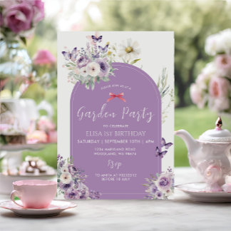 Lilac Butterfly First Birthday Garden Party Einladung