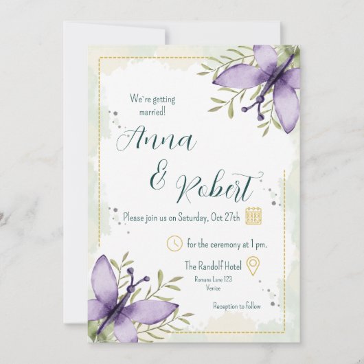 Lilac Butterfly Watercolor Wedding Einladung (Vorderseite)